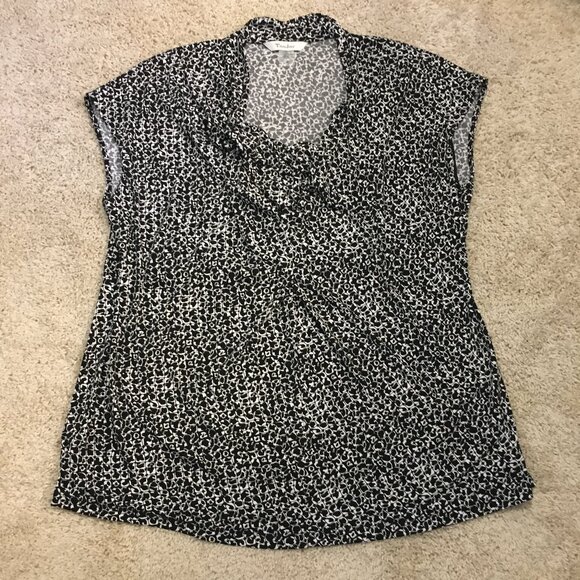 Tan Jay B&W Modular Net Print Cascade Neck Cap Sleeve Stretchy Blouse Top 1X - Picture 13 of 16